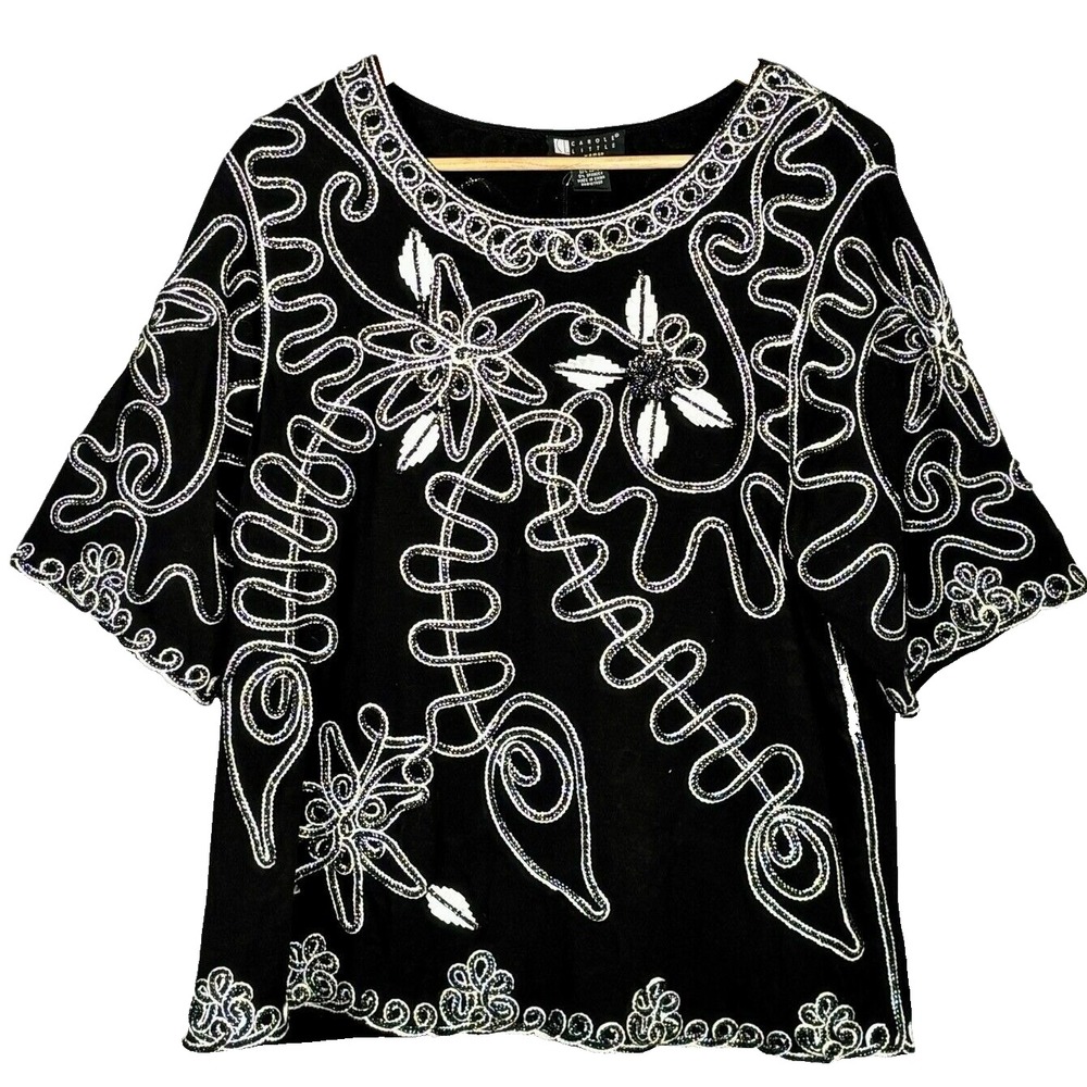 Carole Little Beaded Floral Embroidered Top Women 1X 1/2 Sleeve Artsy Bohemian